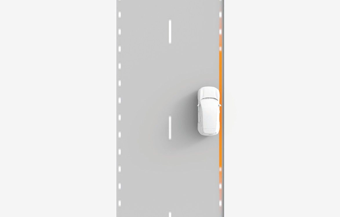 Volvo EX30 — Overhead illustration of lane-keeping assistance steering the car back from the road edge.