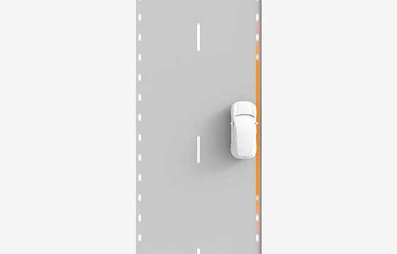 Volvo EX30, Overhead illustration of lane-keeping assistance steering the car back from the road edge.