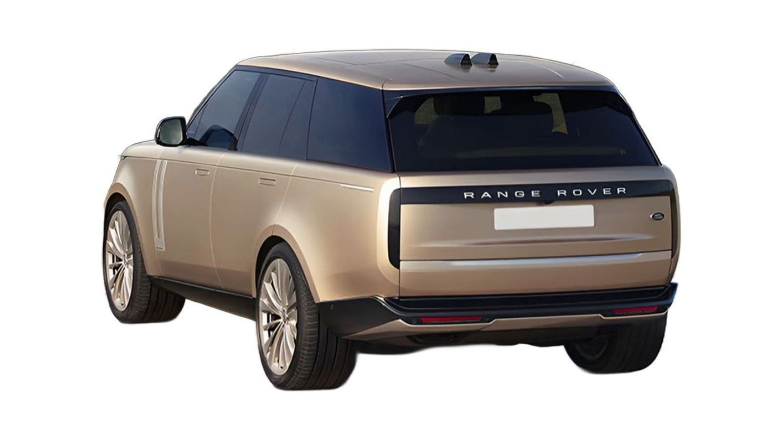 Beige and black Range Rover SUV shown from rear three-quarter angle on white background.