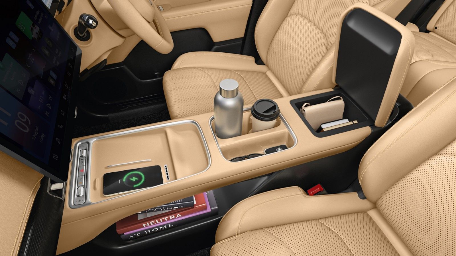 MG Hector Tomahawk EV — Double-decker centre console storage with 50 W wireless charger