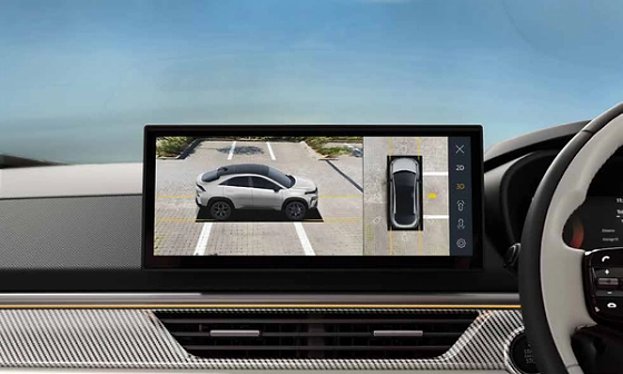 Tata Curvv, 360-degree 3D surround-view camera system shows top-down and 3D views on the touchscreen while parking.