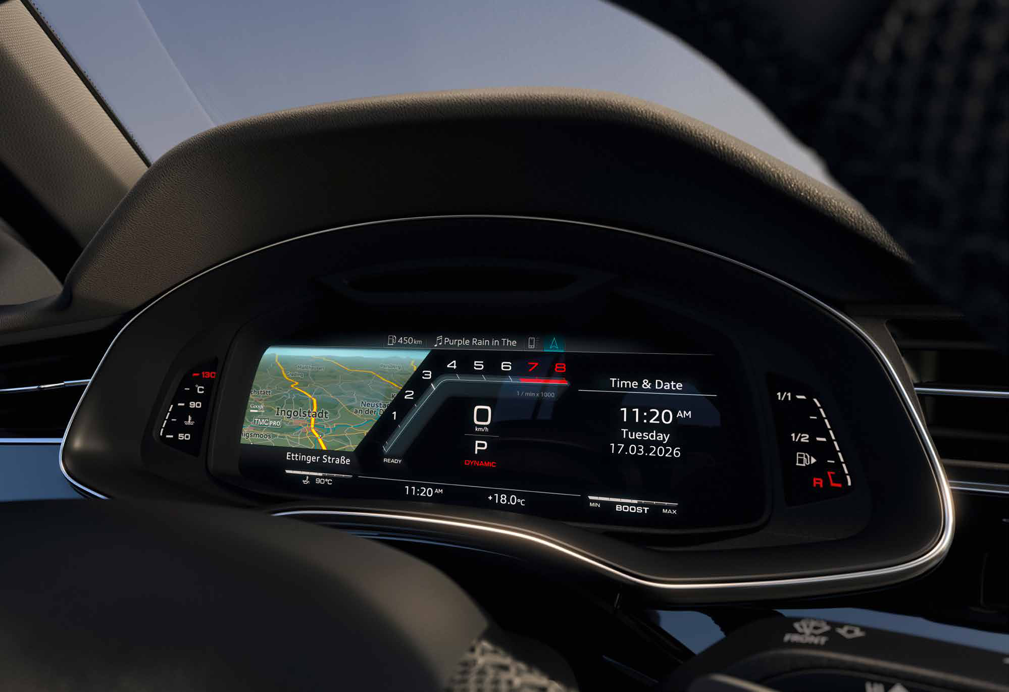 Audi SQ8 — Audi virtual cockpit digital instrument display with map view.