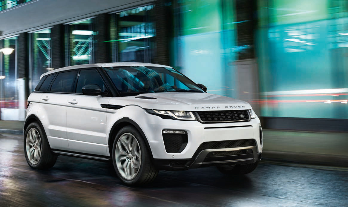 Land Rover Range Rover Evoque — Range Rover Evoque in Fuji White, dynamic front three-quarter.