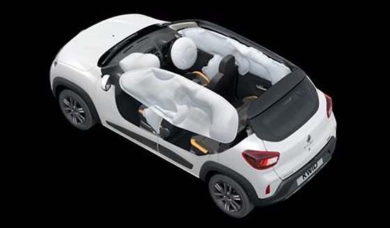 Renault Kwid, Cutaway view showing up to six airbags around the cabin.