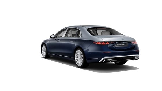 Mercedes-Benz Mercedes-Maybach S-Class, Rear three-quarter in Nautical Blue Metallic over High-Tech Silver Metallic, the two-tone finish shown on the India page.