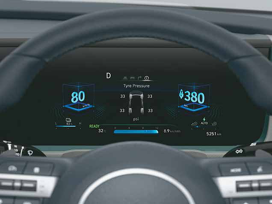 Hyundai Creta Electric, Tyre pressure monitoring system (TPMS) Highline shows each tyre's pressure