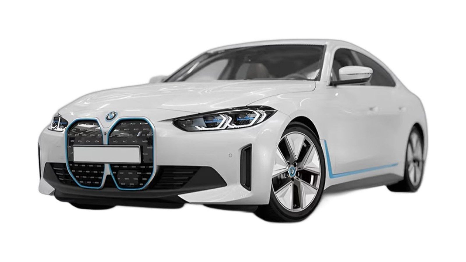 White BMW i4 electric sedan shown in three-quarter front view against white background.