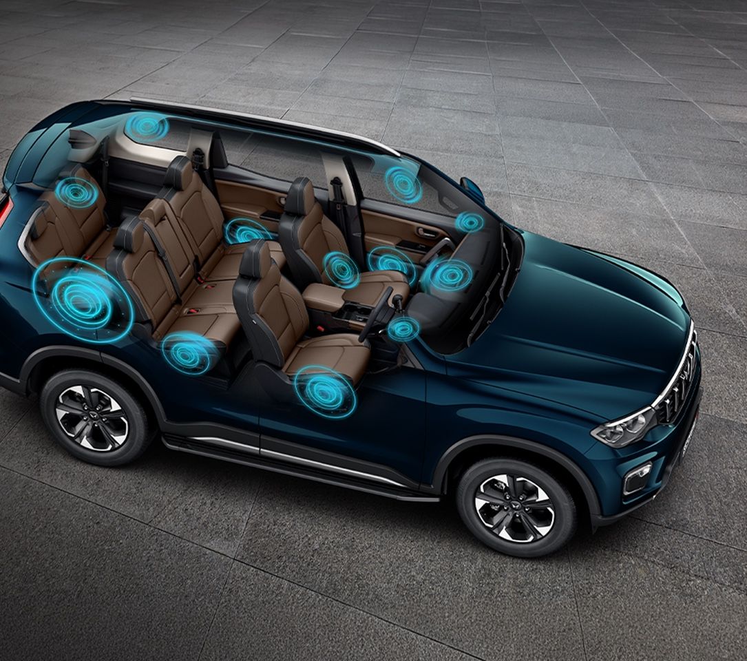 Mahindra Scorpio N — Sony 3D immersive audio with 12-speaker system (cutaway view)