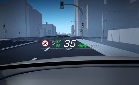 Mercedes-Benz EQE SUV — Head-up display projecting speed and traffic-sign information into the driver's view