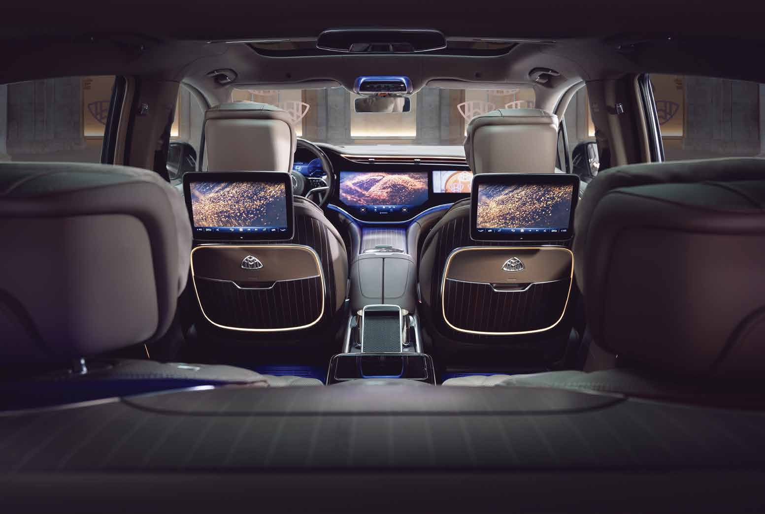 Mercedes-Benz Mercedes-Maybach EQS SUV — Rear-seat entertainment with twin seatback screens and MBUX rear tablet
