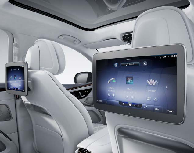 Mercedes-Benz EQS SUV — MBUX High-End Rear Seat Entertainment with twin screens on the front seatbacks, under the panoramic sunroof