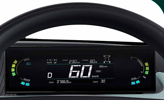 Tata Tiago EV, Digital Island Cluster showing range, charge, regen level and drive mode