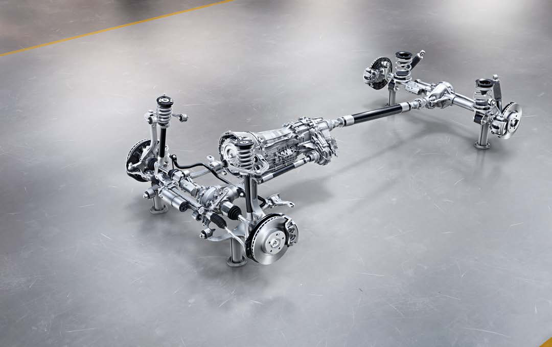Mercedes-Benz G-Class — Permanent all-wheel-drive chassis: independent double-wishbone front suspension and a rigid rear axle driven through a transfer case