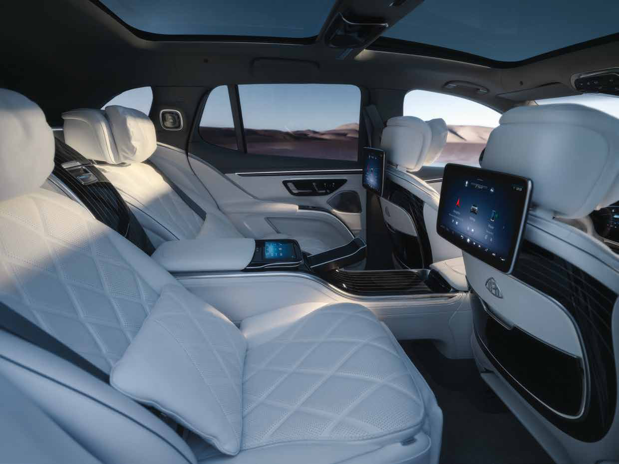 Mercedes-Benz Mercedes-Maybach EQS SUV — Executive rear lounge with reclining nappa-leather seats and seatback screen