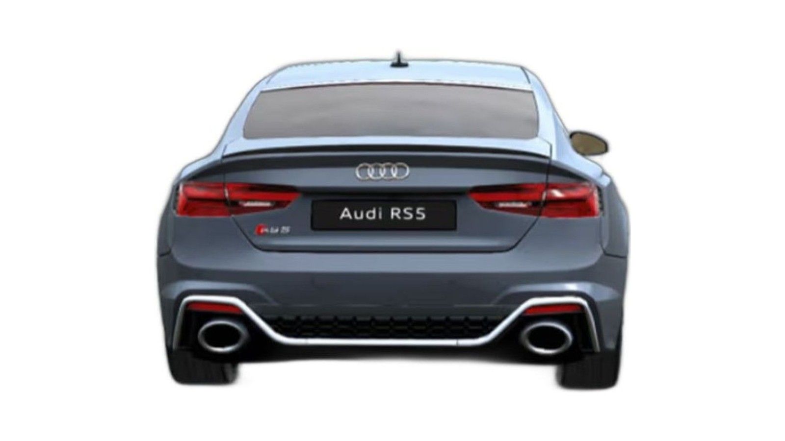 Gray Audi RS5 sedan shown from rear view against white background.