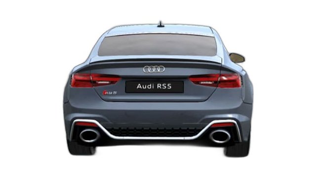 Gray Audi RS5 sedan shown from rear view against white background.