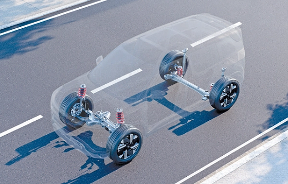 Tata Sierra, Superglide suspension with FDD (frequency dependent damping) shown on a see-through chassis