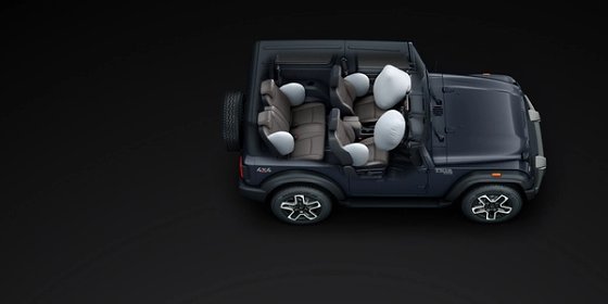 Mahindra Thar OG, Top-down cutaway of a dark blue Thar OG with the roof removed, showing six deployed white airbags around the front and s