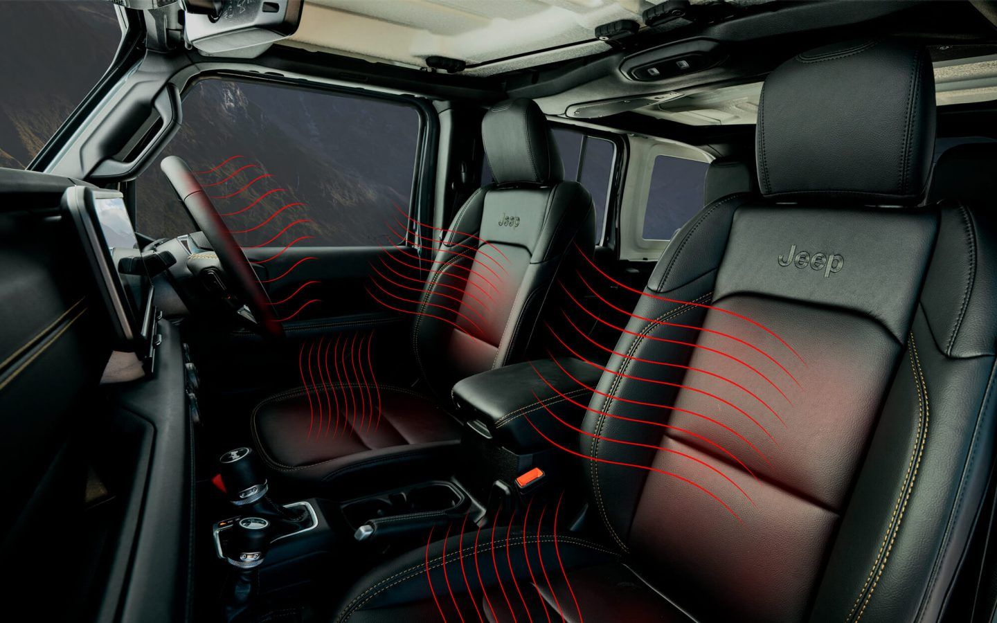 Jeep Wrangler — Heated and ventilated front leather seats, with airflow illustrated