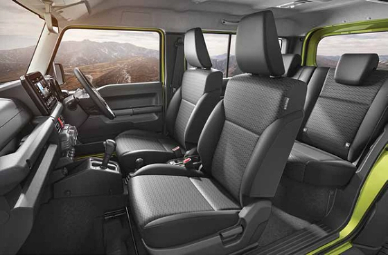 Maruti Suzuki Jimny, Fabric front and rear seats in the four-seat cabin layout.