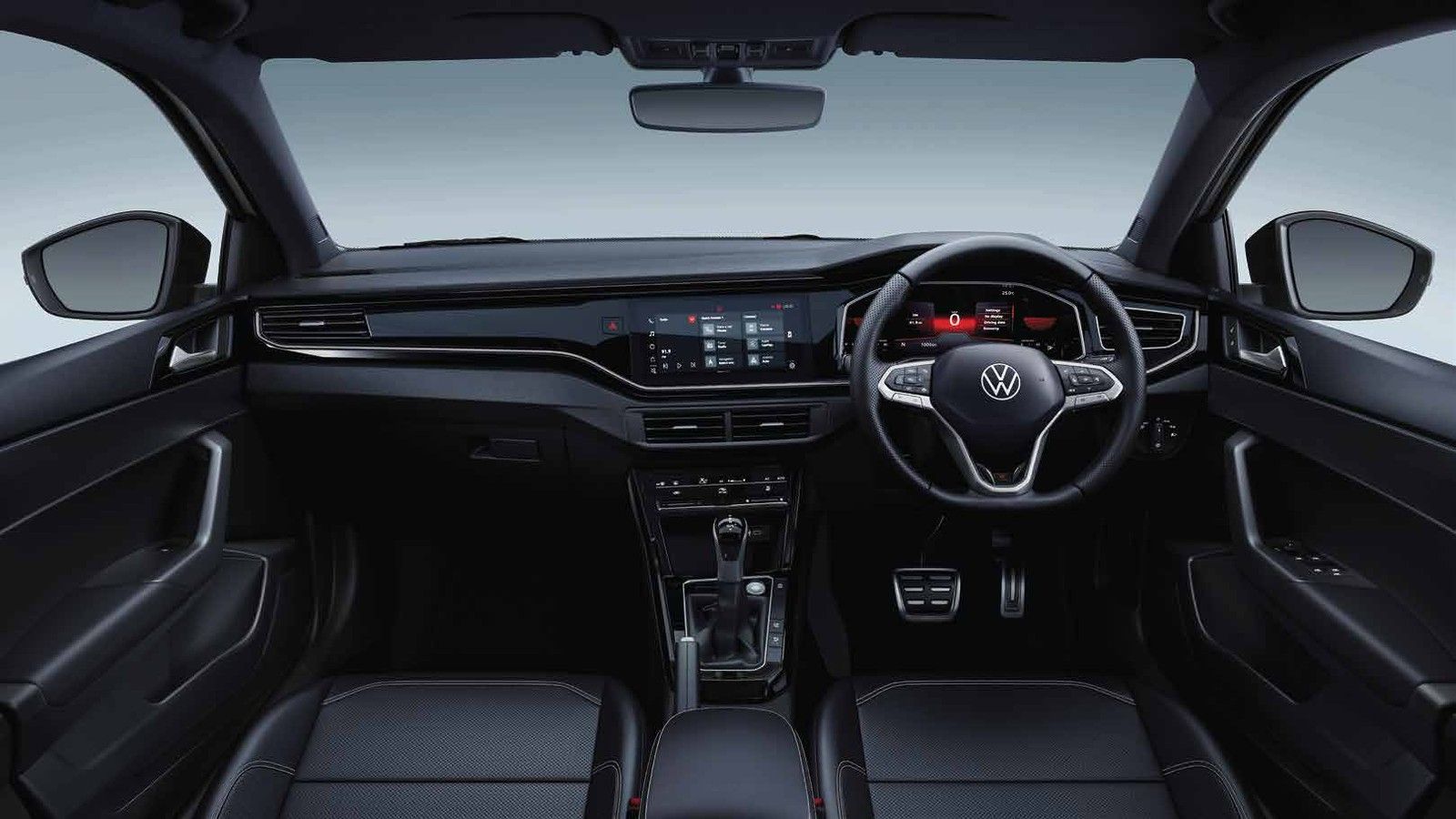 Volkswagen Virtus — Digital Cockpit with a floating VW Play touchscreen, leatherette seats and premium soft-touch trim.