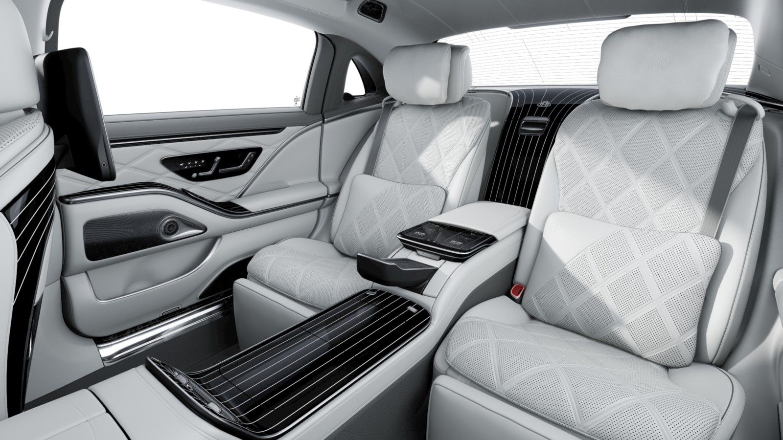 Mercedes-Benz Mercedes-Maybach S-Class, The first-class rear compartment in Maybach Exclusive Nappa crystal white and silver grey pearl, with the fold-out tables and the centre console tablet.