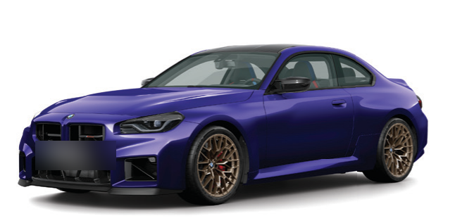 BMW M2 — The M2 CS special edition, finished in metallic blue with a lightweight CFRP roof, forged M Gold Bronze star-spoke wheels and red brake calipers.