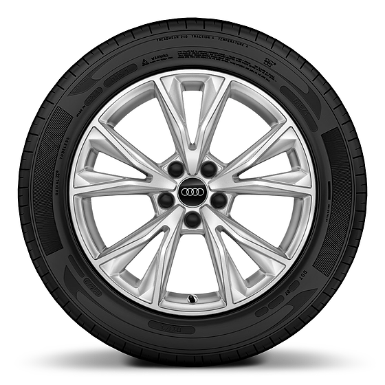 Audi Q3 (2022-2026), Machined-finish alloy wheel shod with a low-profile tyre.
