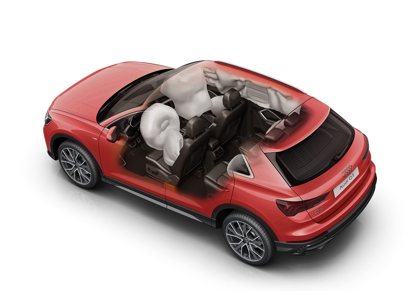 Audi Q3 — Cutaway showing the six-airbag passive-safety system deployed inside the cabin.