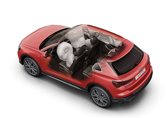 Audi Q3 (2022-2026), Cutaway showing the six-airbag passive-safety system deployed inside the cabin.