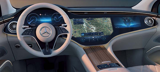 Mercedes-Benz EQS SUV, MBUX Hyperscreen spanning the driver display and central OLED touchscreen with live map navigation