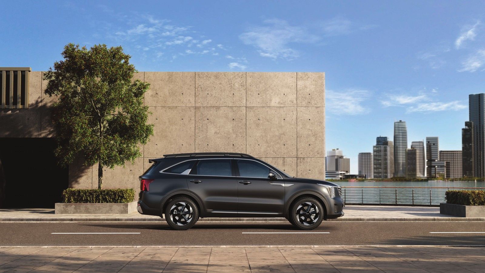 Kia Sorento — Iconic three-row stance with satin-chrome garnish and up to 19-inch crystal-cut alloys