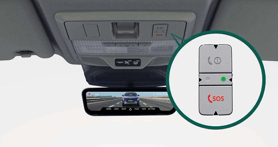 Tata Harrier EV, E-Call and B-Call buttons in the overhead console for instant emergency support; the HD digital rear-view mirror records every drive
