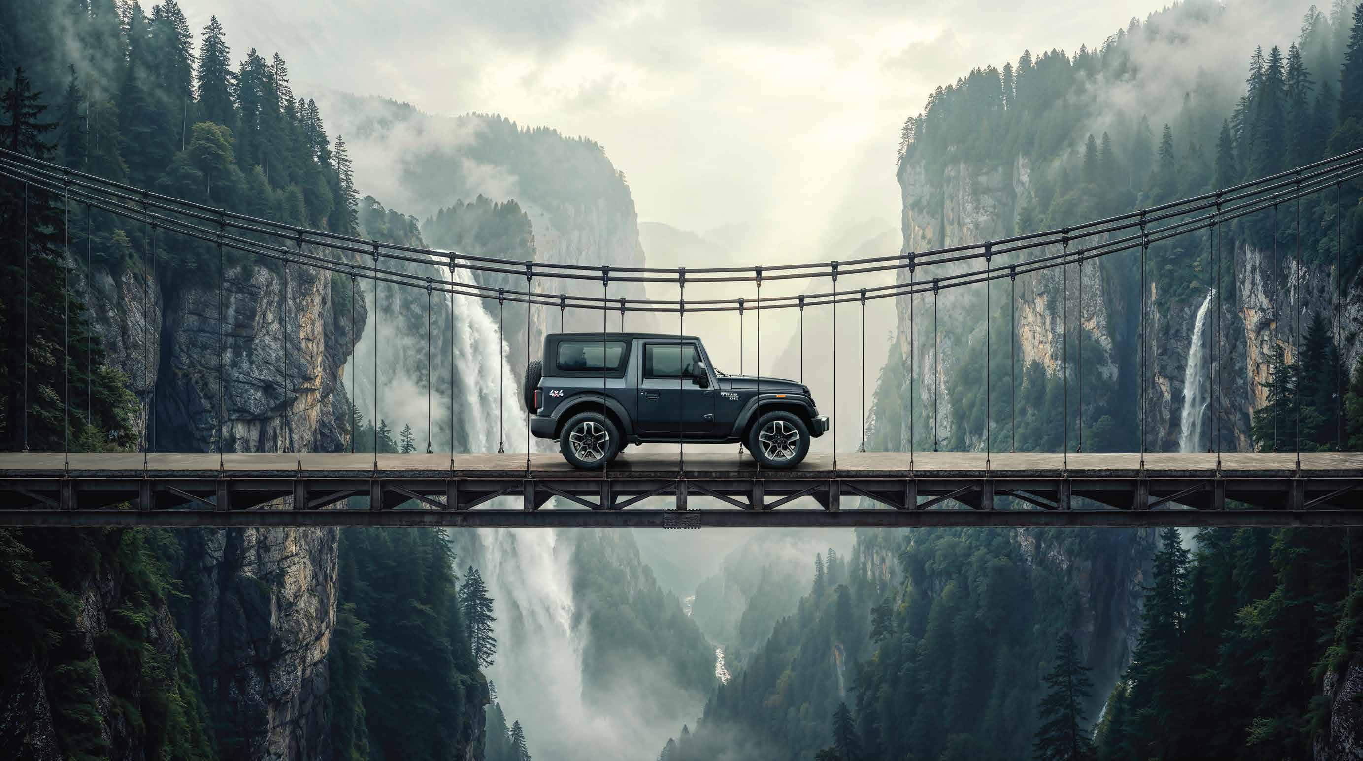 Mahindra Thar OG, Side profile of a dark Thar OG standing on a timber suspension bridge spanning a misty forested gorge with waterfalls on