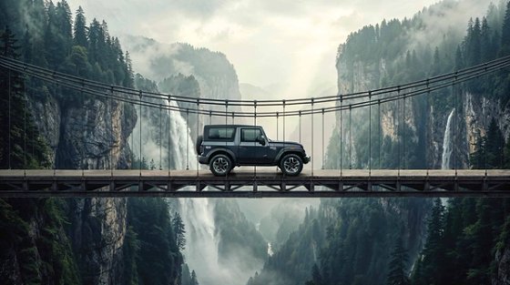 Mahindra Thar OG, Side profile of a dark Thar OG standing on a timber suspension bridge spanning a misty forested gorge with waterfalls on