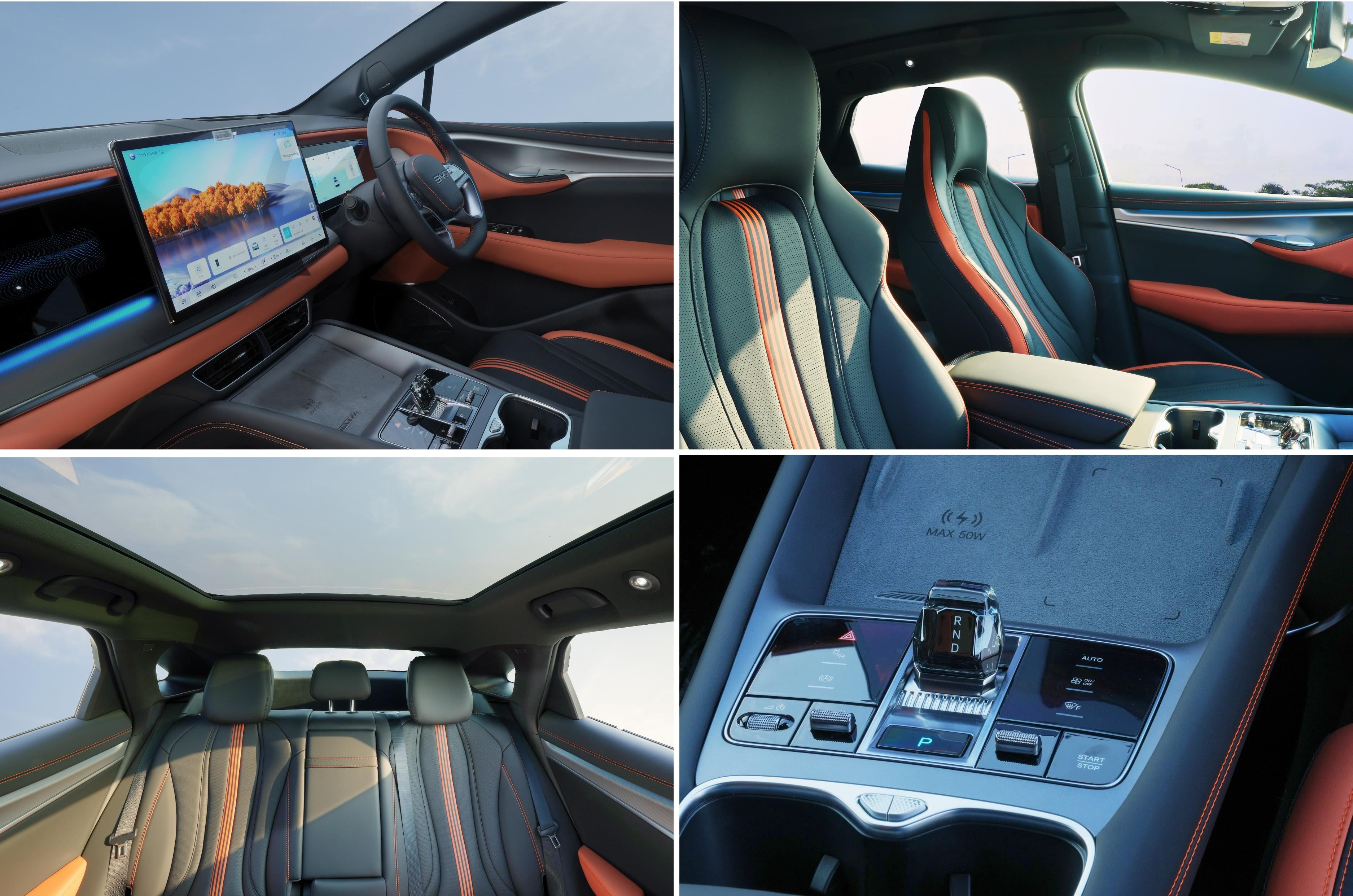 BYD Sealion 7, Festive Edition: quilted Nappa leather seats in tan and black, front and rear, with the tan centre console