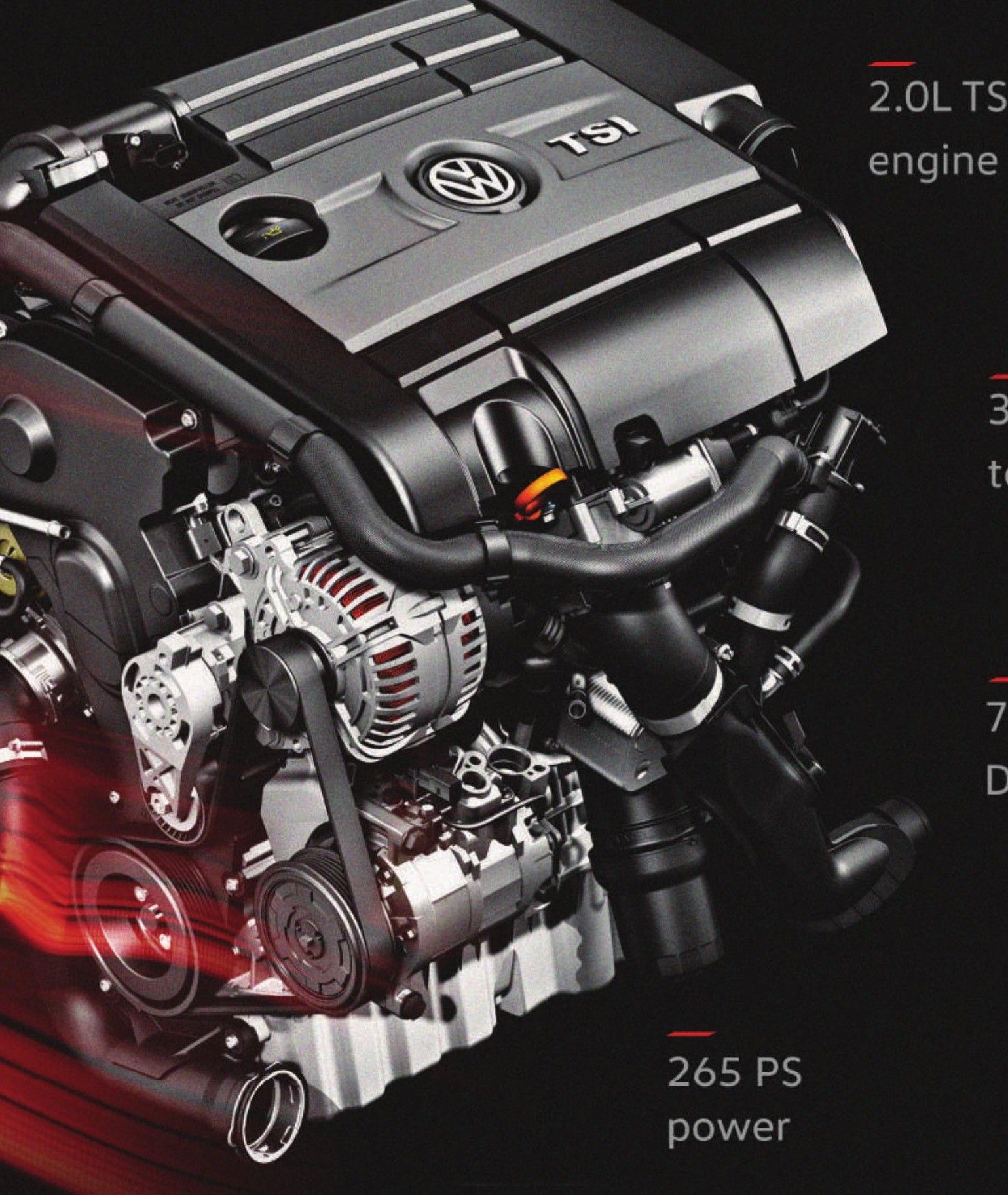 Volkswagen Golf GTI — The 2.0L TSI turbocharged petrol engine that powers the Golf GTI, rated at 265 PS.