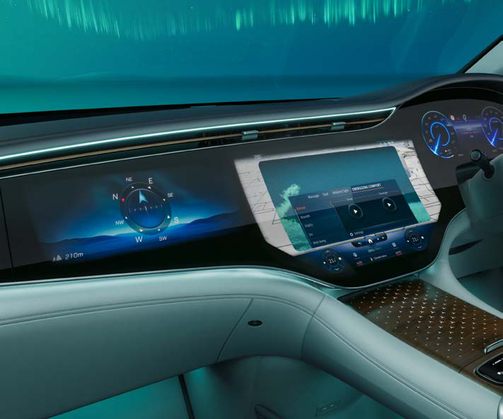 Mercedes-Benz EQE SUV — MBUX Hyperscreen blending three displays under one glass panel