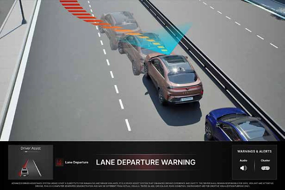 Tata Curvv, Lane Departure Warning, part of the Level 2 ADAS suite, warns against unintended lane exits with audio and cluster alerts.