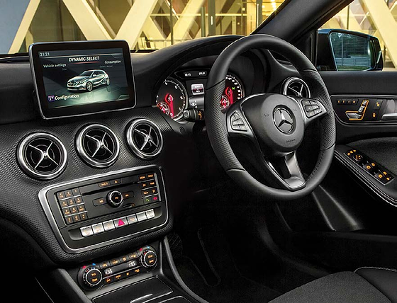 Mercedes-Benz Mercedes-AMG A45 S, Driver-oriented dashboard with a free-standing central display, turbine-style air vents and a multifunction steering wheel.