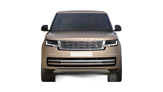 Beige Range Rover front view with grille, headlights, and black mirrors on white background.