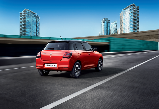 Maruti Suzuki Swift, Rear three-quarter profile showing the sporty stance and floating-roof design