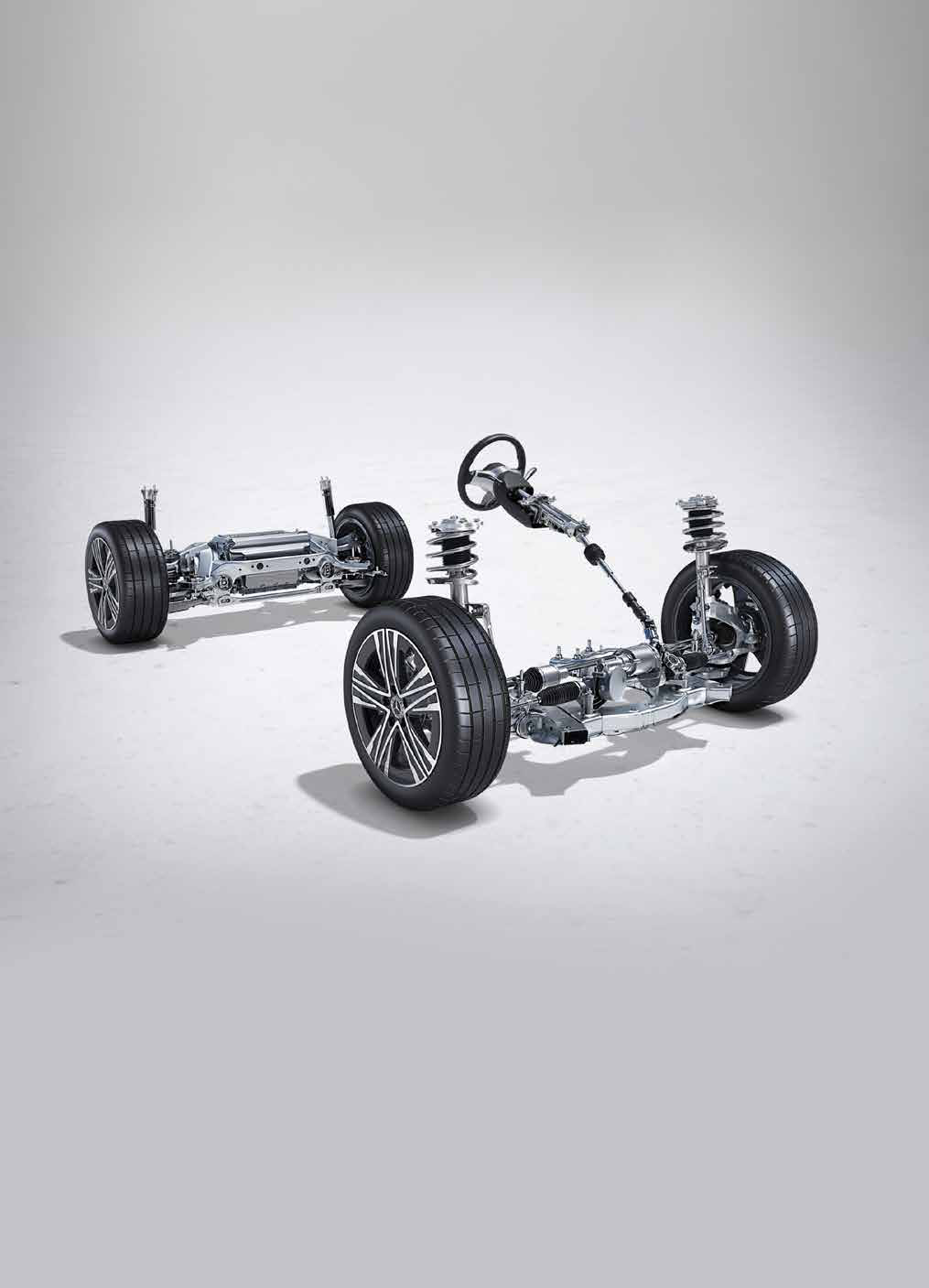 Mercedes-Benz CLA Electric — Front and rear axle with suspension struts and steering assembly.