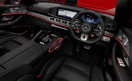 Mercedes-Benz Mercedes-AMG GLE 53 Coupe — Ambient lighting with 64 colours and 9 colour worlds, shown in red across the AMG cabin