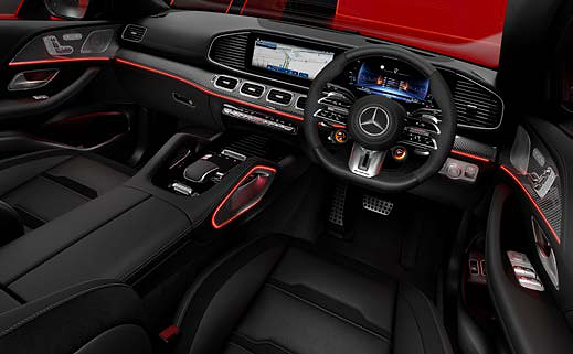 Mercedes-Benz Mercedes-AMG GLE 53 Coupe, Ambient lighting with 64 colours and 9 colour worlds, shown in red across the AMG cabin