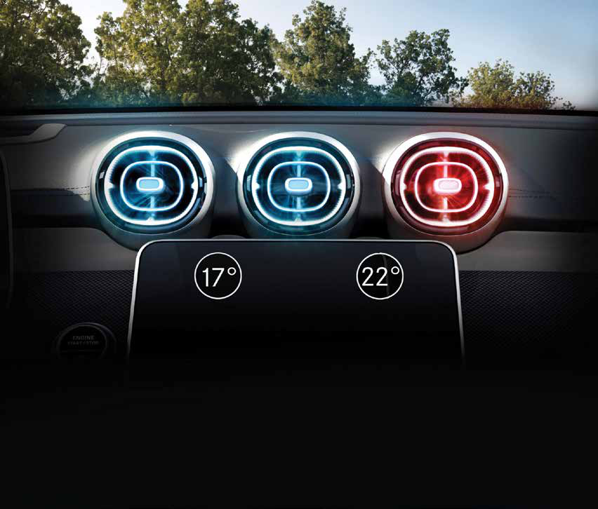 Mercedes-Benz CLA Electric — Turbine-style air vents with dual-zone climate control set to 17 and 22 degrees.