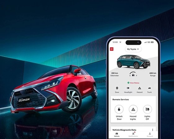 Toyota Glanza, Toyota i-Connect app: remote lock and unlock, hazard lights, headlights and distance to empty, from G