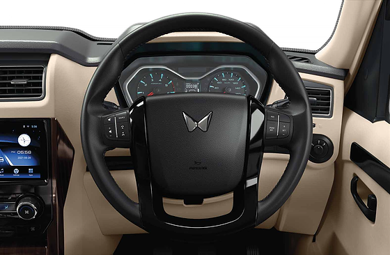 Mahindra Scorpio Classic, Steering-mounted audio and cruise control buttons ahead of the twin-dial instrument cluster