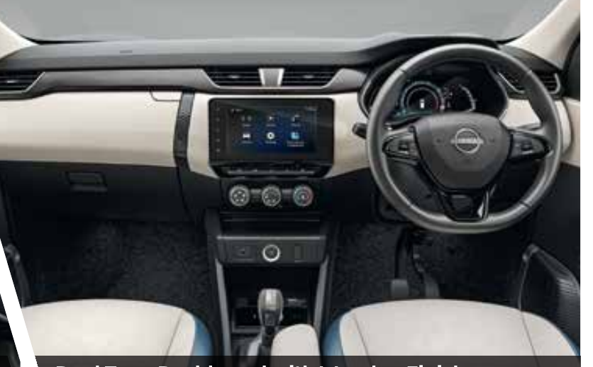 Nissan Gravite — Dual-tone dashboard with wooden-finish trim, floating touchscreen and rotary AC controls