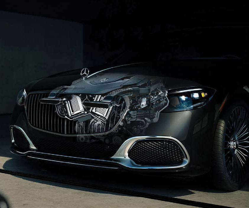 Mercedes-Benz Mercedes-Maybach S-Class — Cutaway phantom view of the twin-turbo petrol engine beneath the long bonnet.